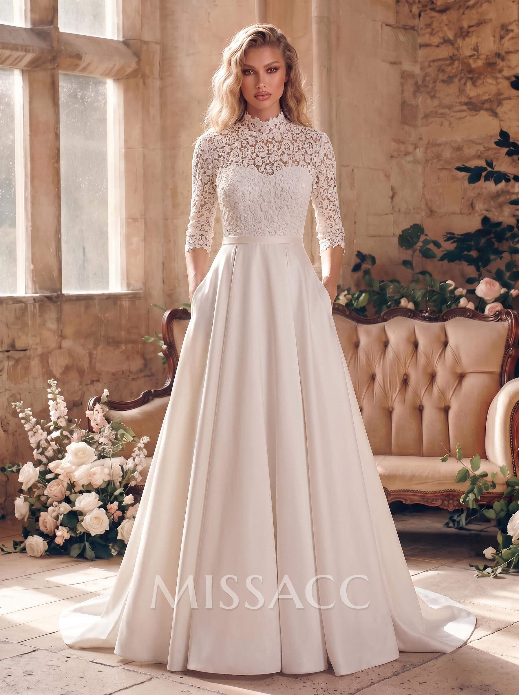 Ball-Gown High Neck 3/4 Sleeves Court Train Chiffon Lace Satin Wedding Dresses With Appliques Lace Ball-Gown High Neck 3/4 Sleeves Court Train Chiffon Lace Satin Wedding Dresses With Appliques Lace