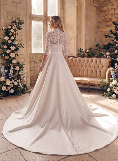 Ball-Gown High Neck 3/4 Sleeves Court Train Chiffon Lace Satin Wedding Dresses With Appliques Lace