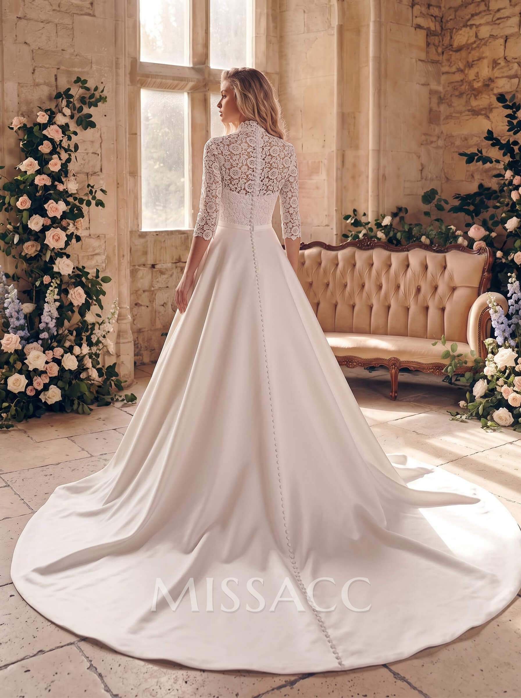 Ball-Gown High Neck 3/4 Sleeves Court Train Chiffon Lace Satin Wedding Dresses With Appliques Lace Ball-Gown High Neck 3/4 Sleeves Court Train Chiffon Lace Satin Wedding Dresses With Appliques Lace