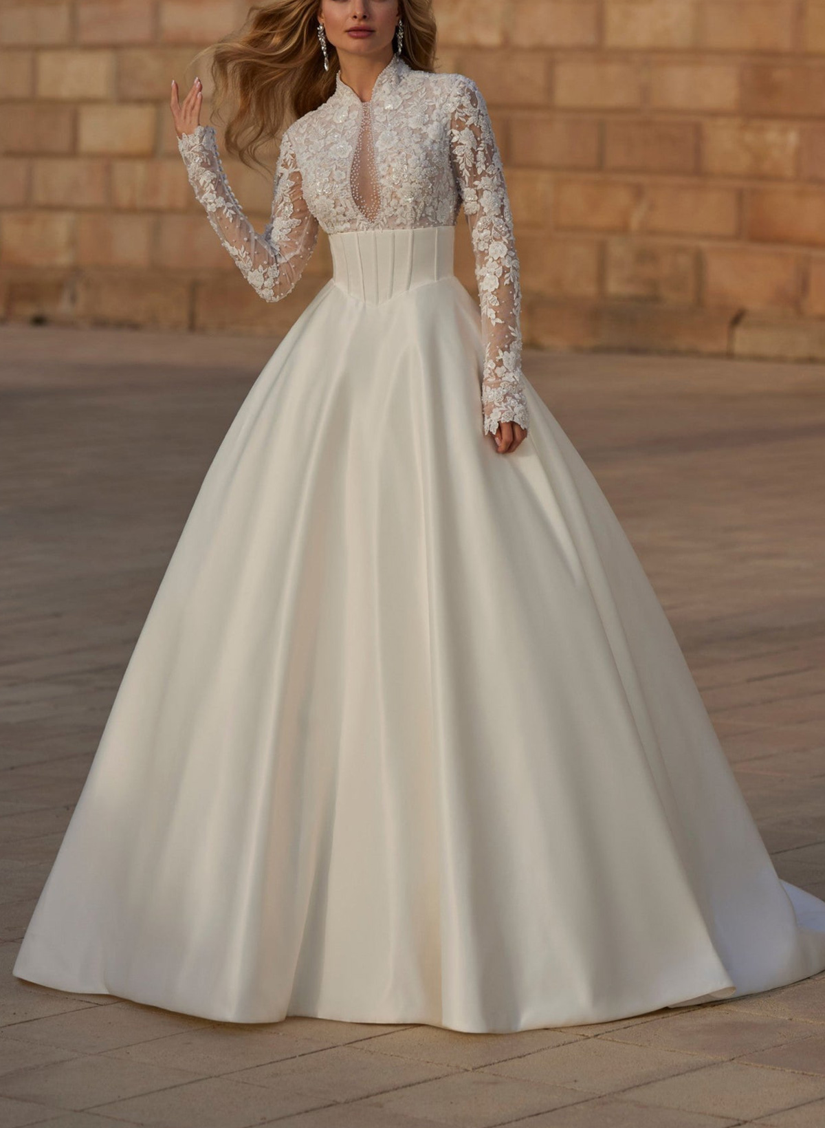 Ball-Gown V-Neck High Neck Long Sleeves Court Train Lace Tulle Soft Satin BRIDE With Appliques Lace
