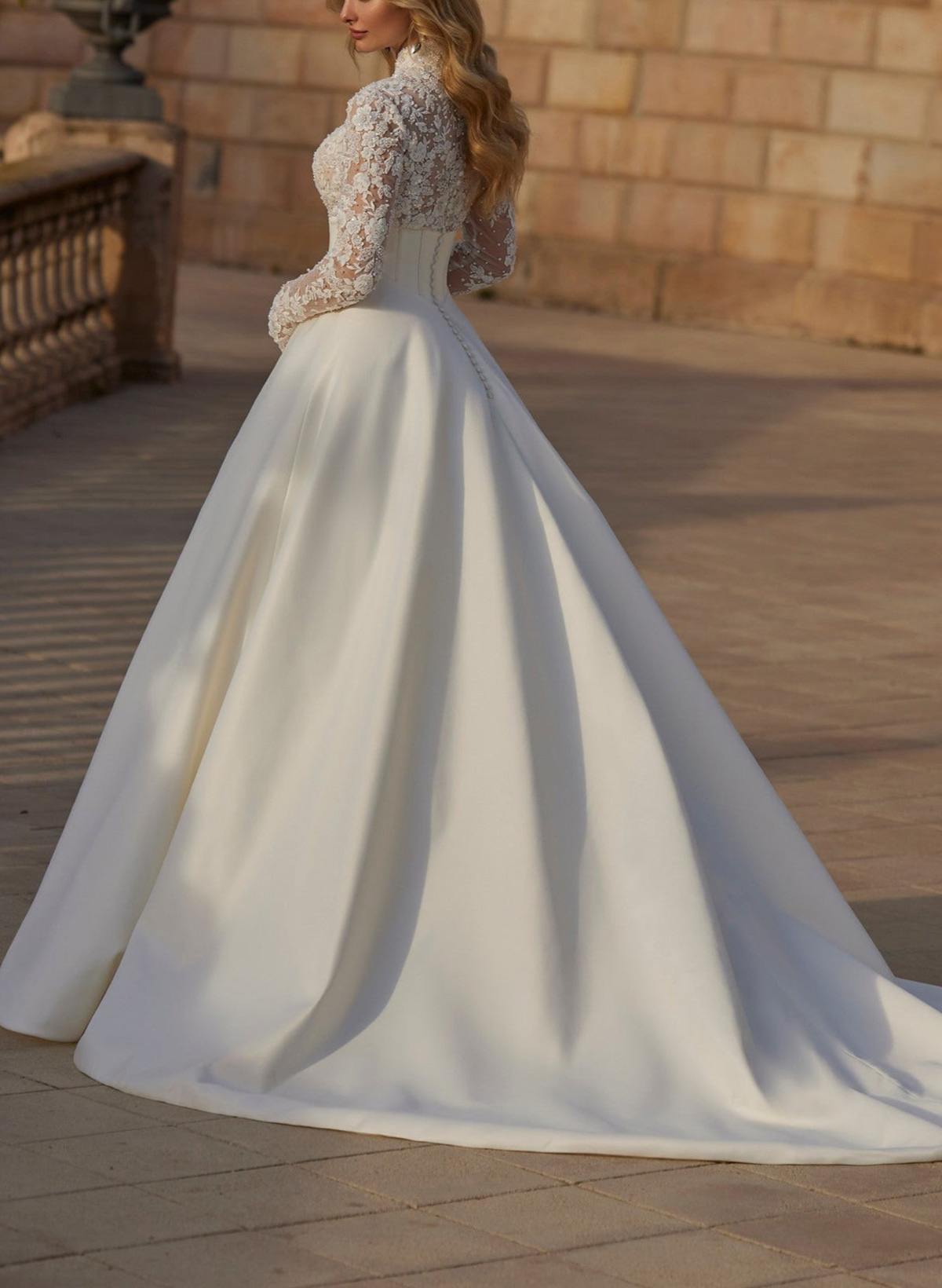 Ball-Gown V-Neck High Neck Long Sleeves Court Train Lace Tulle Soft Satin BRIDE With Appliques Lace