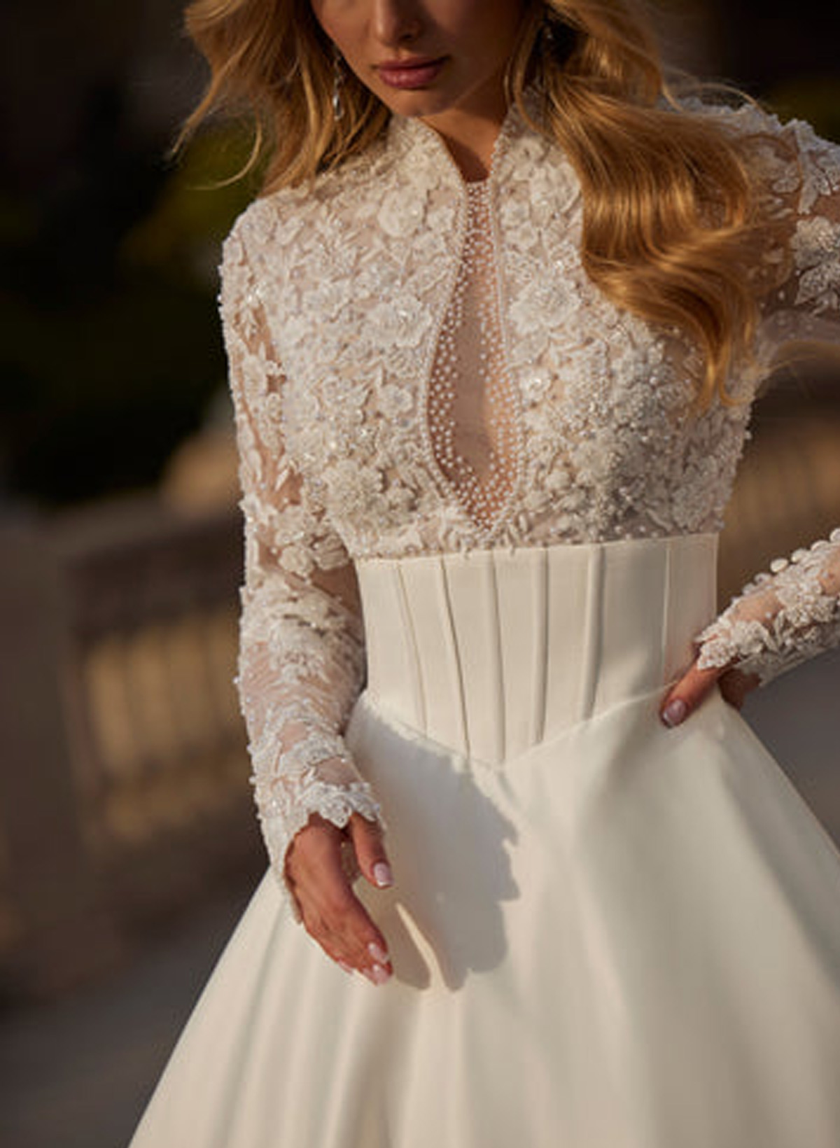 Ball-Gown V-Neck High Neck Long Sleeves Court Train Lace Tulle Soft Satin BRIDE With Appliques Lace