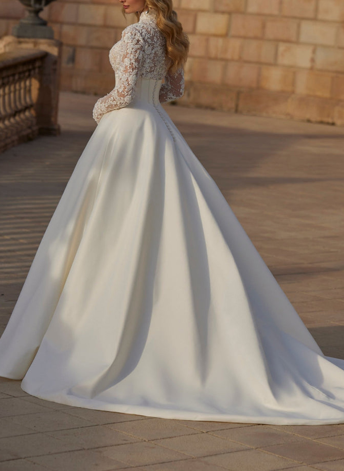 Ball-Gown V-Neck High Neck Long Sleeves Court Train Lace Tulle Soft Satin BRIDE With Appliques Lace