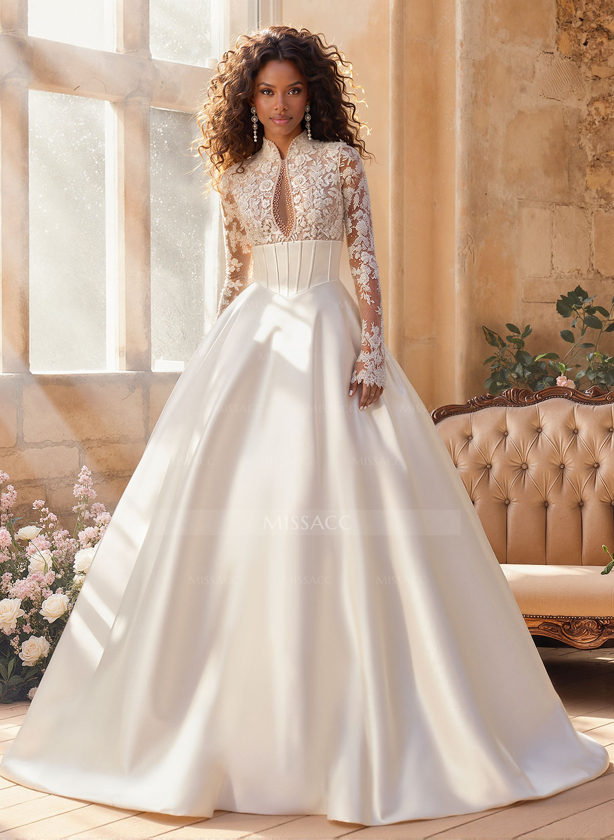 Ball-Gown V-Neck High Neck Long Sleeves Court Train Lace Tulle Soft Satin BRIDE With Appliques Lace
