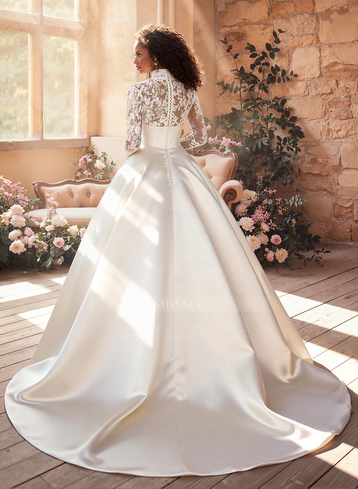 Ball-Gown V-Neck High Neck Long Sleeves Court Train Lace Tulle Soft Satin BRIDE With Appliques Lace