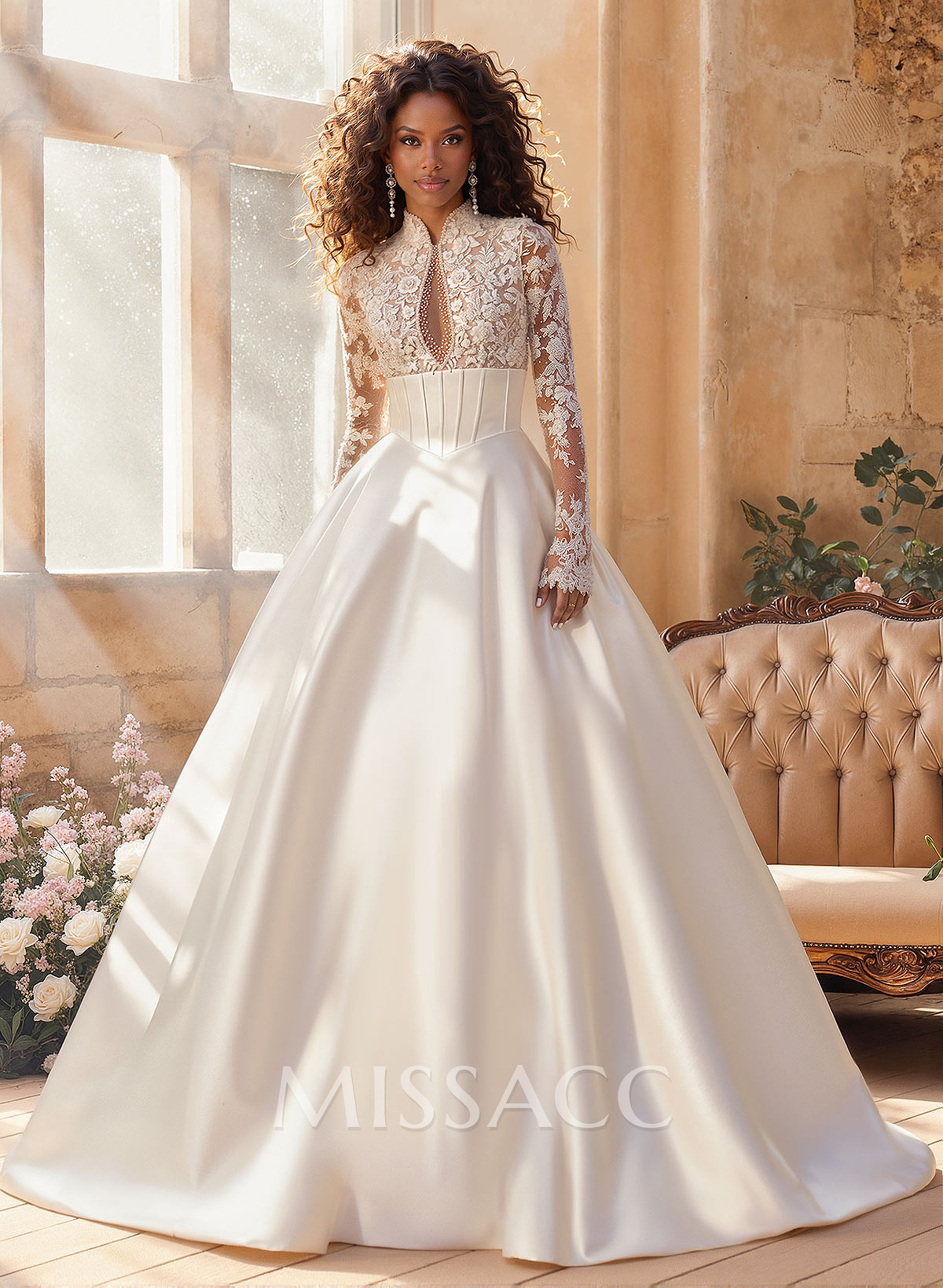 Ball-Gown V-Neck High Neck Long Sleeves Court Train Lace Tulle Soft Satin BRIDE With Appliques Lace Ball-Gown V-Neck High Neck Long Sleeves Court Train Lace Tulle Soft Satin BRIDE With Appliques Lace