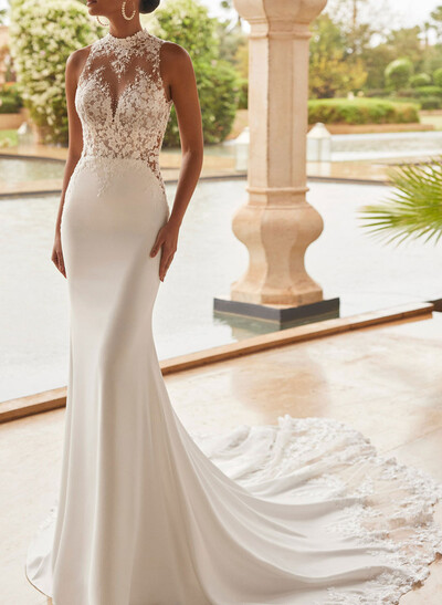 Elegant High Neck Sleeveless Mermaid Court Train Lace/Elastic Satin Wedding Dresses With Back Hole/Flower(s)