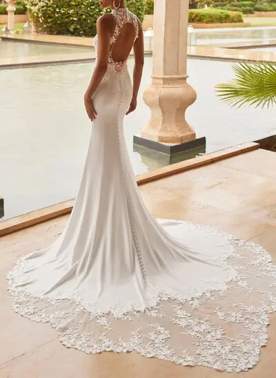 Elegant High Neck Sleeveless Mermaid Court Train Lace/Elastic Satin Wedding Dresses With Back Hole/Flower(s)