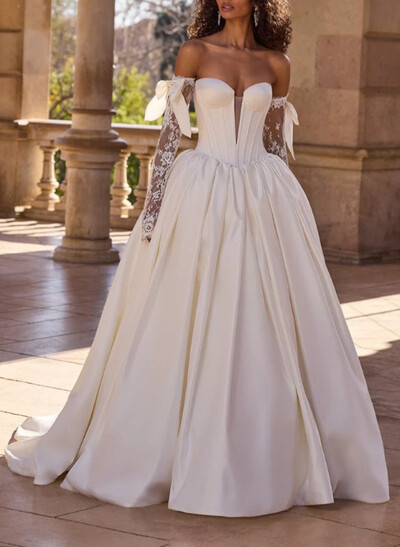 Ball-Gown Plunge Neck Detachable Sleeves Sweep Train Satin Tulle Wedding Dresses With Bow(s)