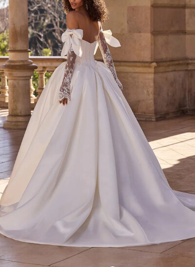 Ball-Gown Plunge Neck Detachable Sleeves Sweep Train Satin Tulle Wedding Dresses With Bow(s)