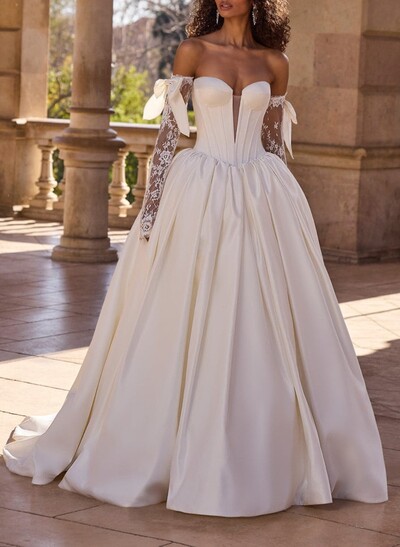 Ball-Gown Plunge Neck Detachable Sleeves Sweep Train Satin Tulle Wedding Dresses With Bow(s)