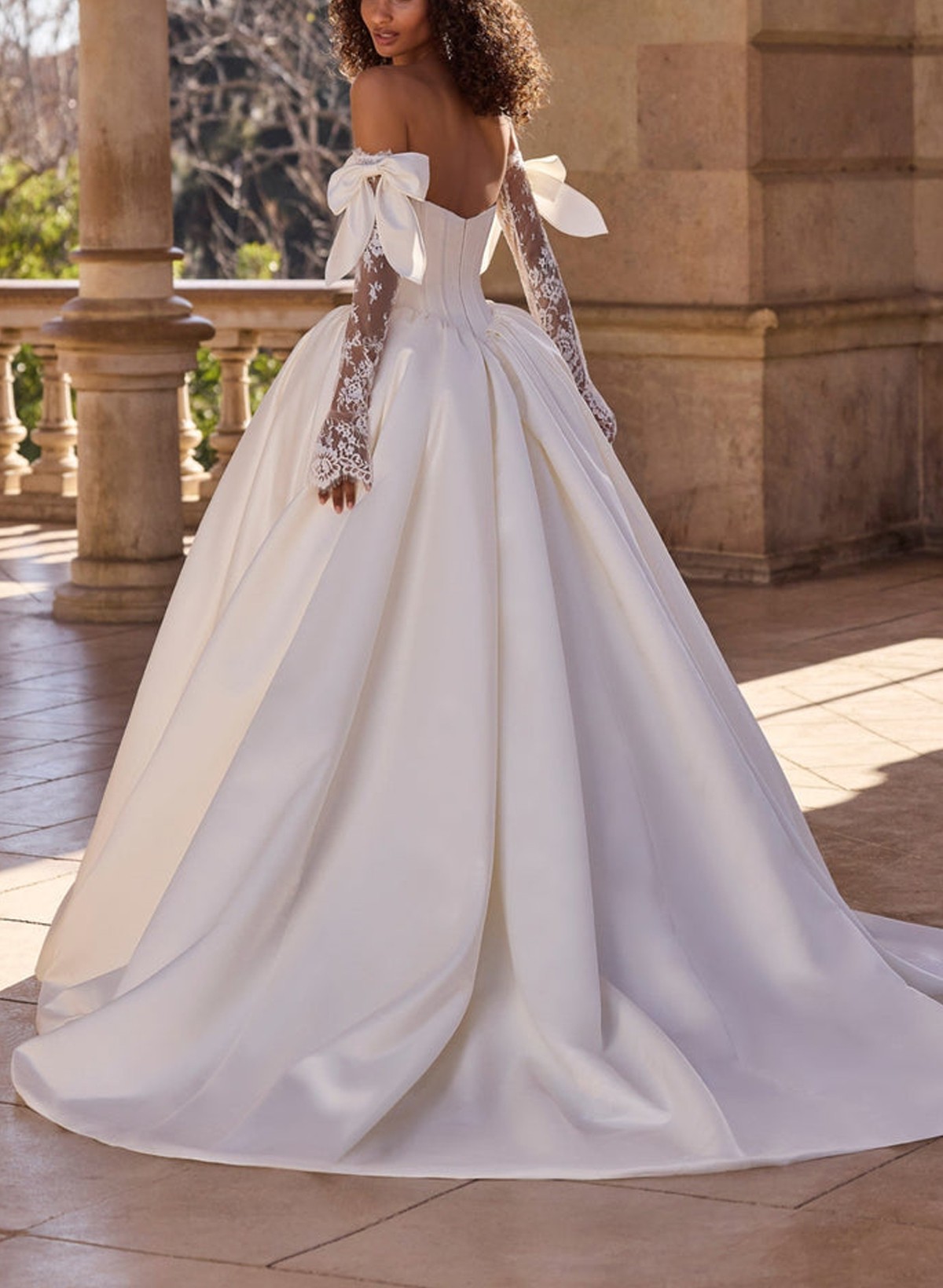 Ball-Gown Plunge Neck Detachable Sleeves Sweep Train Satin Tulle Wedding Dresses With Bow(s)