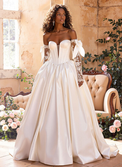 Ball-Gown Plunge Neck Detachable Sleeves Sweep Train Satin Tulle Wedding Dresses With Bow(s)
