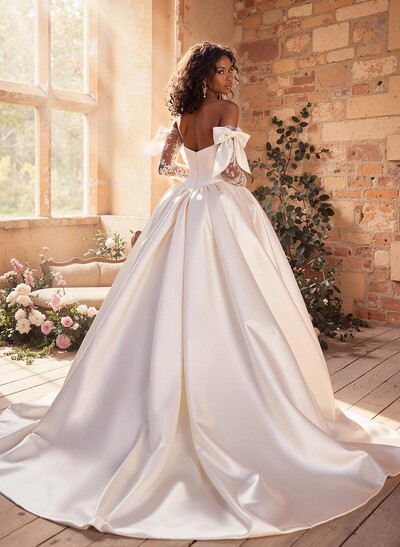Ball-Gown Plunge Neck Detachable Sleeves Sweep Train Satin Tulle Wedding Dresses With Bow(s)