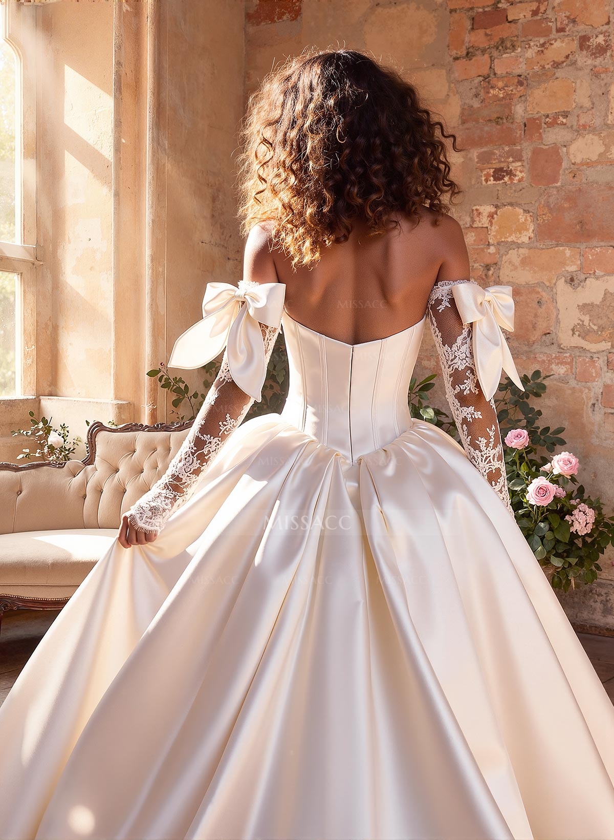 Ball-Gown Plunge Neck Detachable Sleeves Sweep Train Satin Tulle Wedding Dresses With Bow(s)