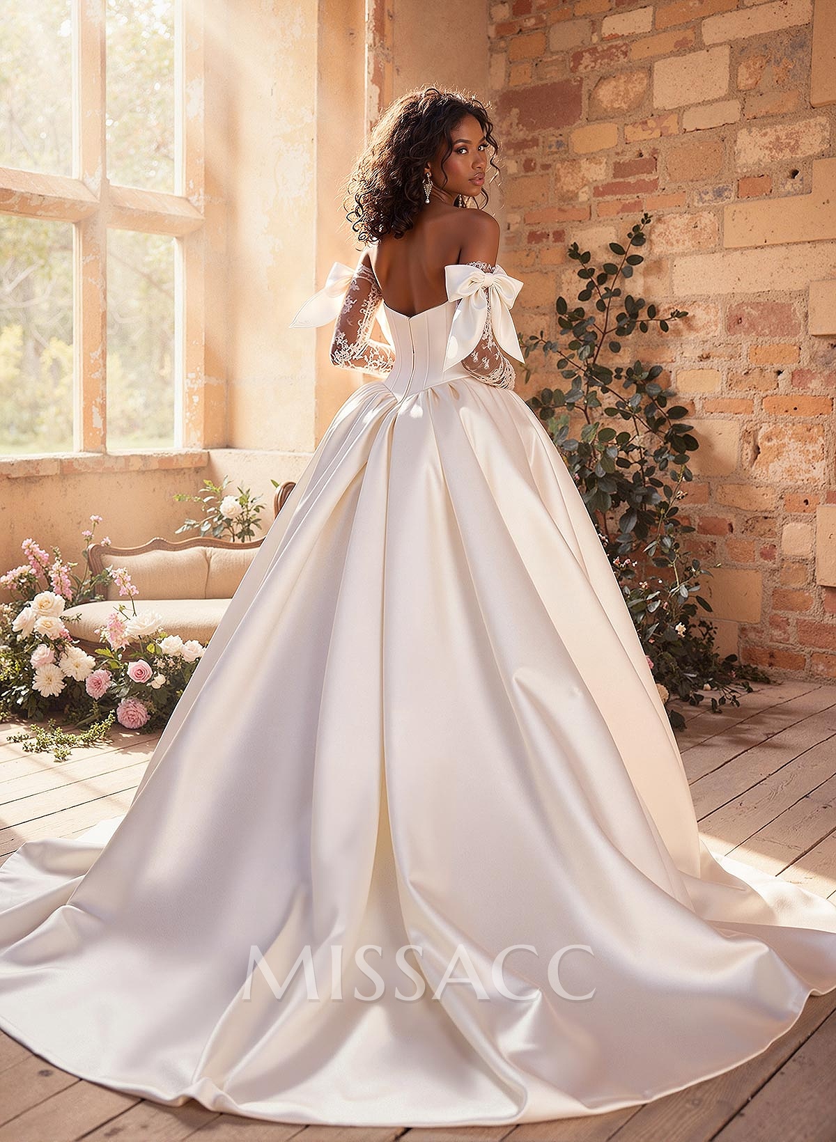 Ball-Gown Plunge Neck Detachable Sleeves Sweep Train Satin Tulle Wedding Dresses With Bow(s)
