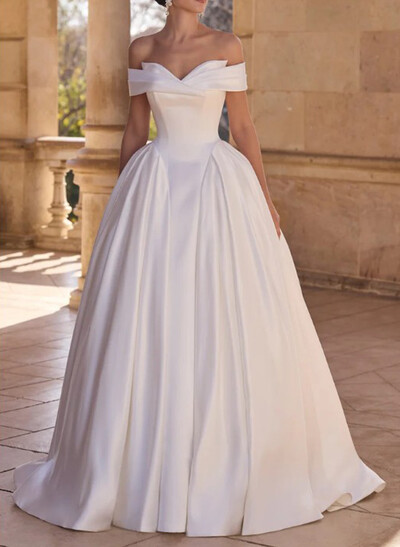 Ball-Gown Bateau Neck Detachable Sleeves Sweep Train Satin Wedding Dresses With Flower(s)