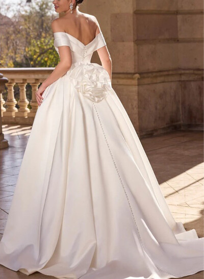 Ball-Gown Bateau Neck Detachable Sleeves Sweep Train Satin Wedding Dresses With Flower(s)