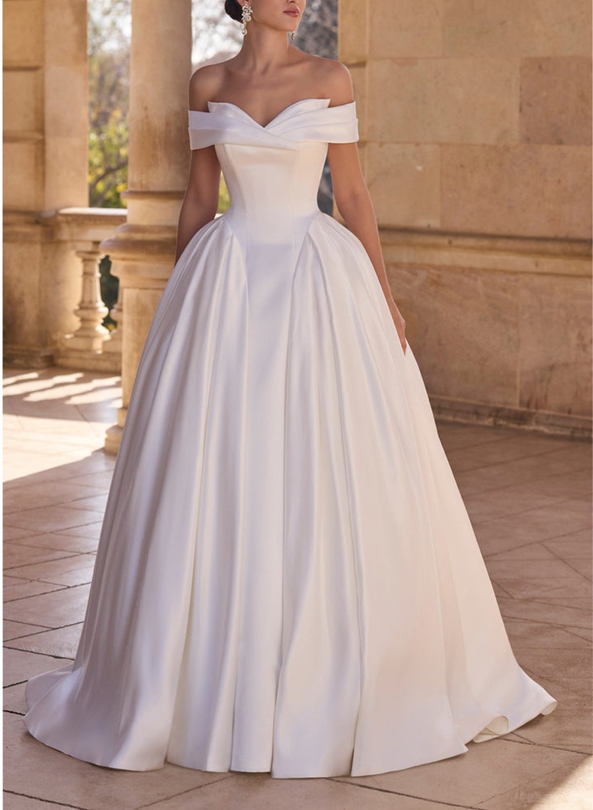 Ball-Gown Bateau Neck Detachable Sleeves Sweep Train Satin Wedding Dresses With Flower(s)