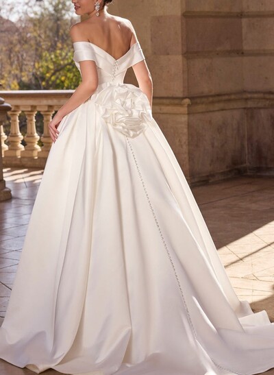 Ball-Gown Bateau Neck Detachable Sleeves Sweep Train Satin Wedding Dresses With Flower(s)