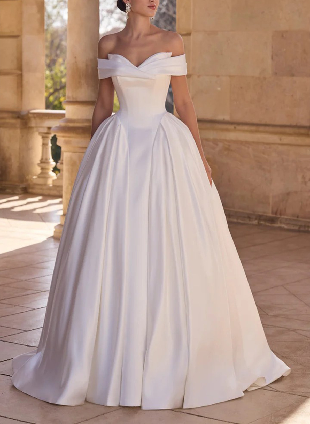 Ball-Gown Off-The-Shoulder Sleeveless Sweep Train Satin Wedding Dresses With Flower(s)