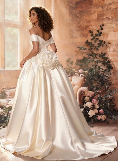 Ball-Gown Off-The-Shoulder Sleeveless Sweep Train Satin Wedding Dresses With Flower(s)