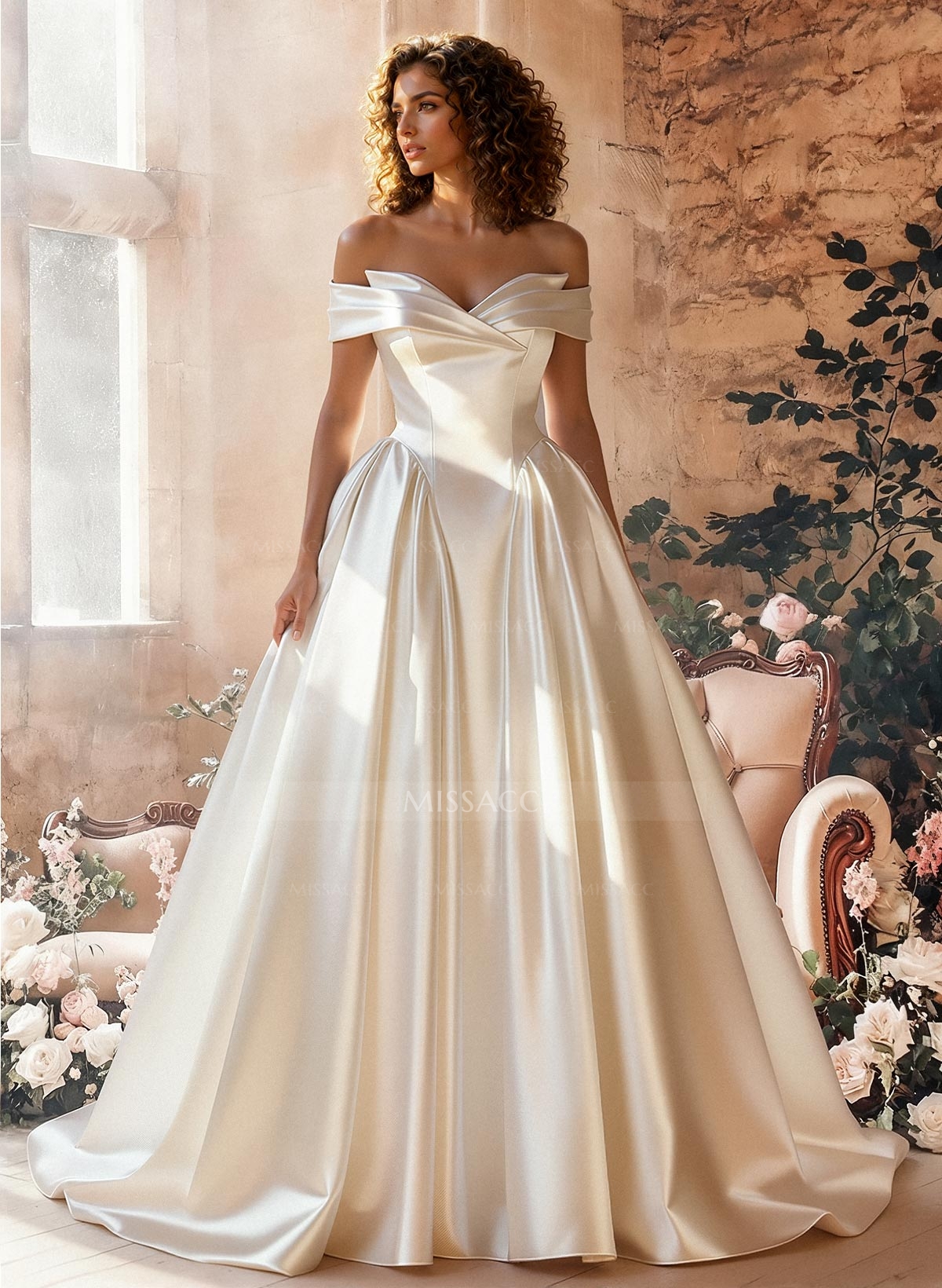 Ball-Gown Off-The-Shoulder Sleeveless Sweep Train Satin Wedding Dresses With Flower(s)