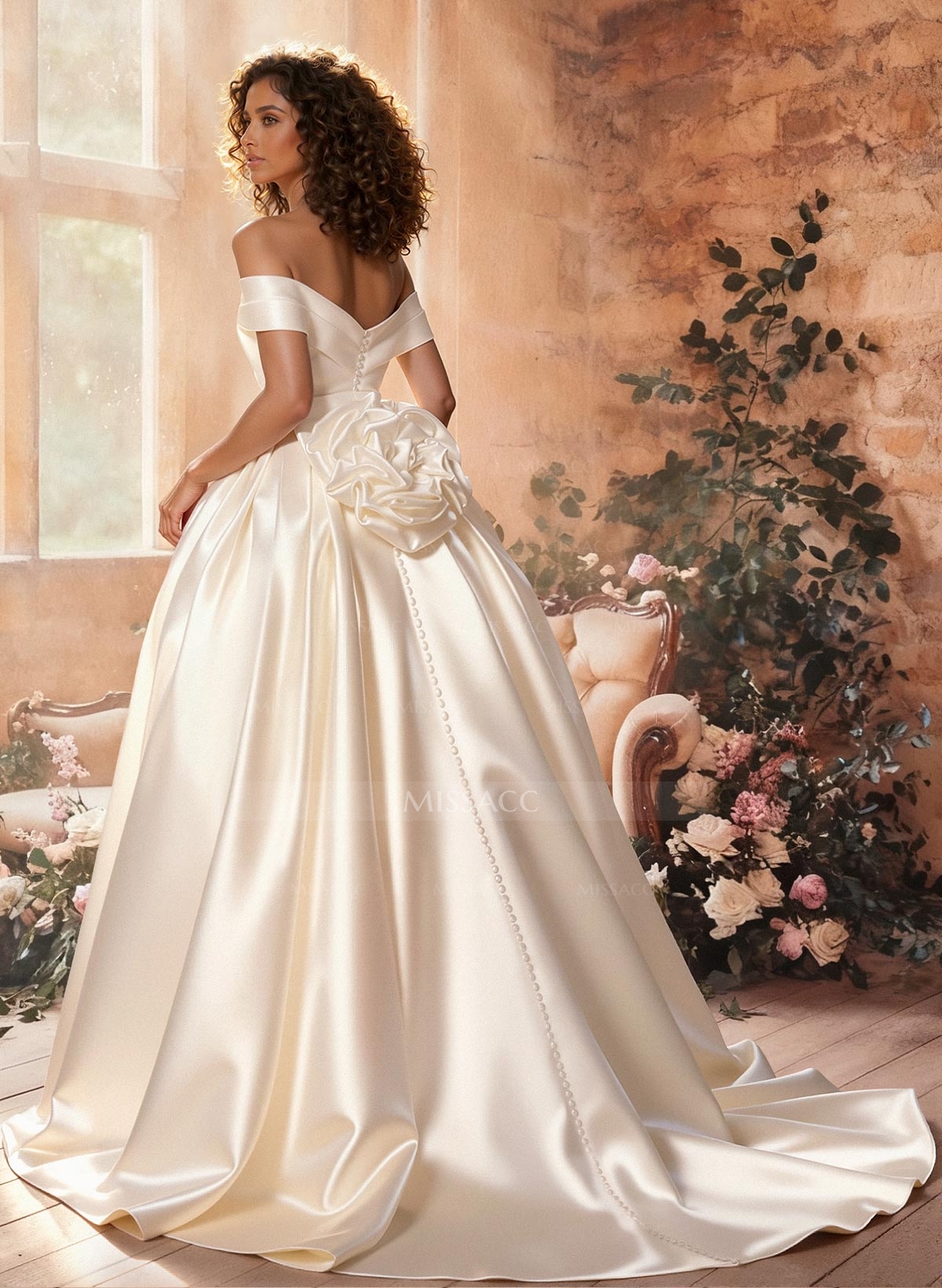 Ball-Gown Off-The-Shoulder Sleeveless Sweep Train Satin Wedding Dresses With Flower(s)