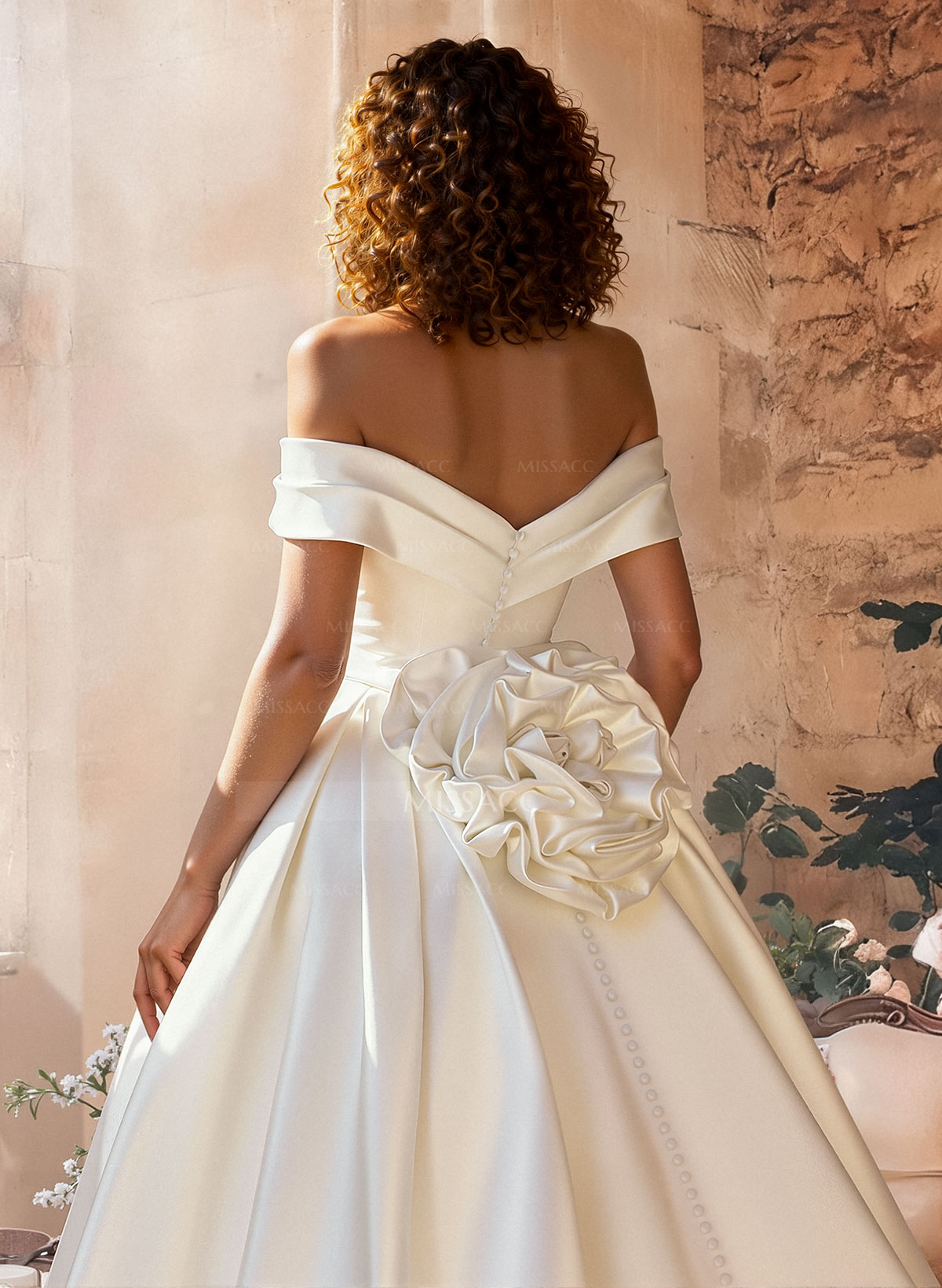 Ball-Gown Off-The-Shoulder Sleeveless Sweep Train Satin Wedding Dresses With Flower(s)