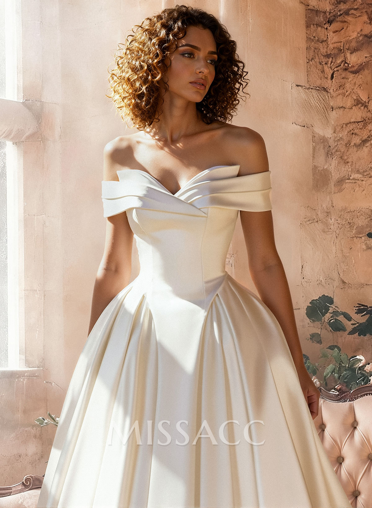 Ball-Gown Off-The-Shoulder Sleeveless Sweep Train Satin Wedding Dresses With Flower(s)