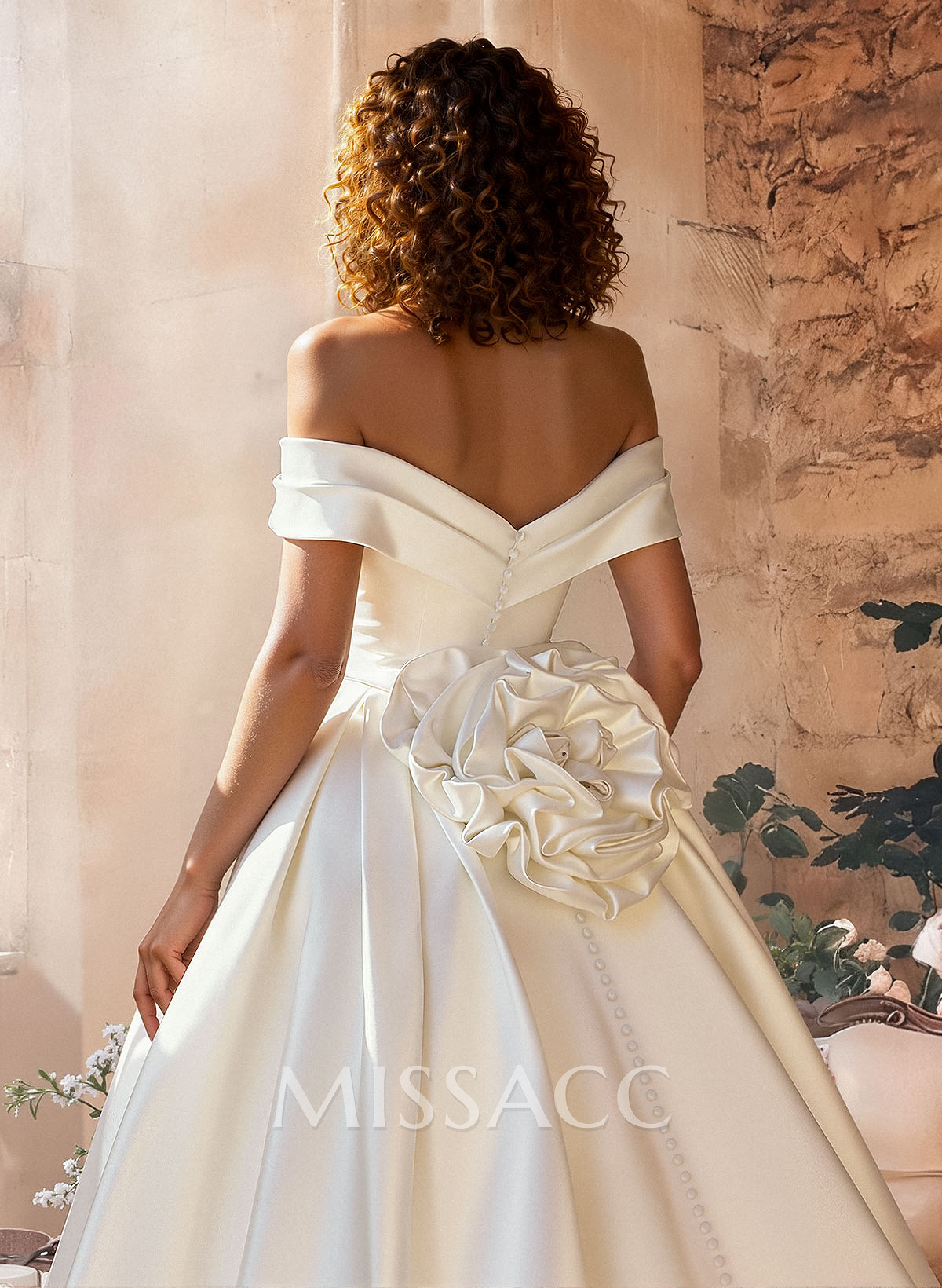 Ball-Gown Off-The-Shoulder Sleeveless Sweep Train Satin Wedding Dresses With Flower(s)