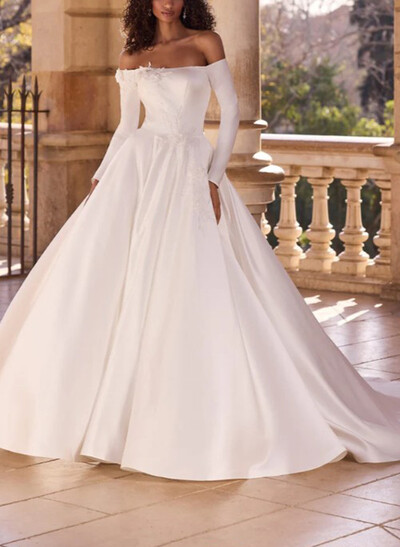 Ball-Gown Bateau Neck Detachable Sleeves Court Train Tulle Soft Satin Wedding Dresses With Flower(s)