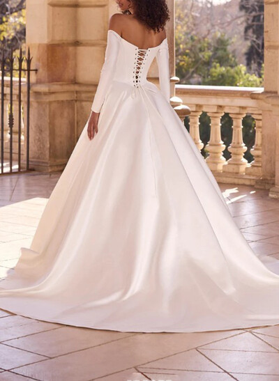 Ball-Gown Bateau Neck Detachable Sleeves Court Train Tulle Soft Satin Wedding Dresses With Flower(s)