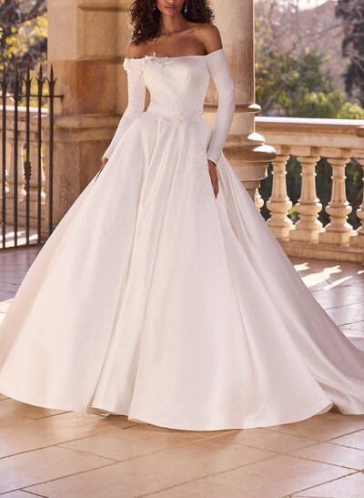 Ball-Gown Bateau Neck Detachable Sleeves Court Train Tulle Soft Satin Wedding Dresses With Flower(s)