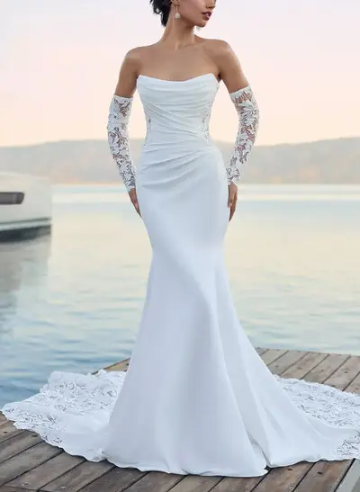 Off-the-Shoulder Mermaid Bridal Gown with Detachable Sleeves, Court Train, Stretch Satin & Lace Appliqués