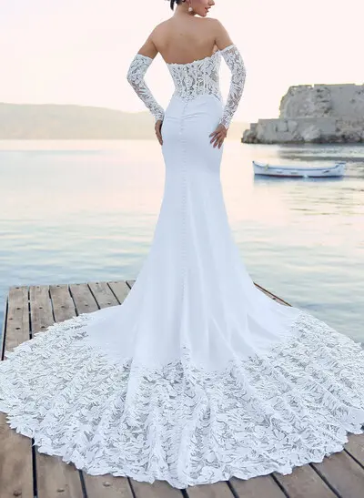 Off-the-Shoulder Mermaid Bridal Gown with Detachable Sleeves, Court Train, Stretch Satin & Lace Appliqués