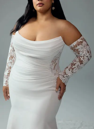 Off-the-Shoulder Mermaid Wedding Dress with Detachable Sleeves, Court Train, Stretch Satin & Lace Appliqués
