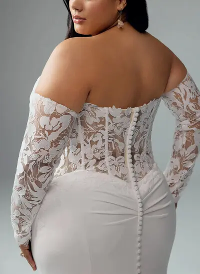 Off-the-Shoulder Mermaid Wedding Dress with Detachable Sleeves, Court Train, Stretch Satin & Lace Appliqués