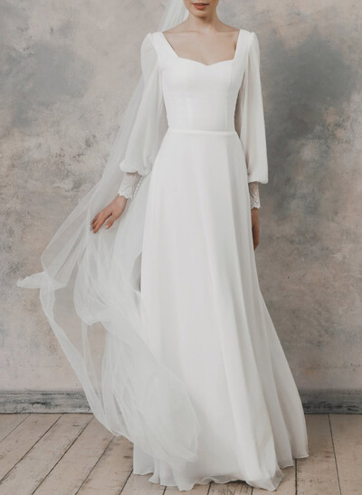 Elegant Sweetheart Long Sleeves A-Line Floor-Length Chiffon Wedding Dresses With Lace