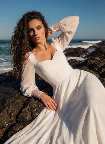 Elegant Sweetheart Long Sleeves A-Line Floor-Length Chiffon Wedding Dresses With Lace