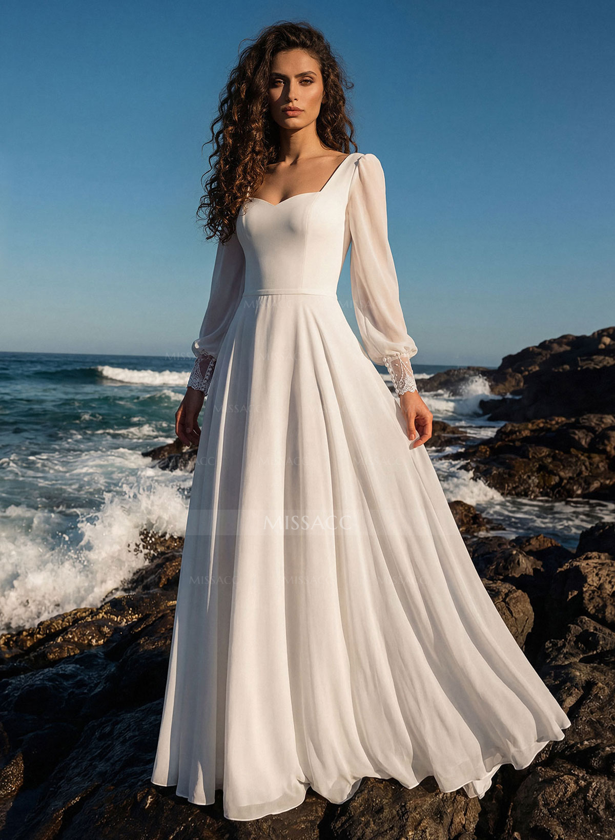 Elegant Sweetheart Long Sleeves A-Line Floor-Length Chiffon Wedding Dresses With Lace