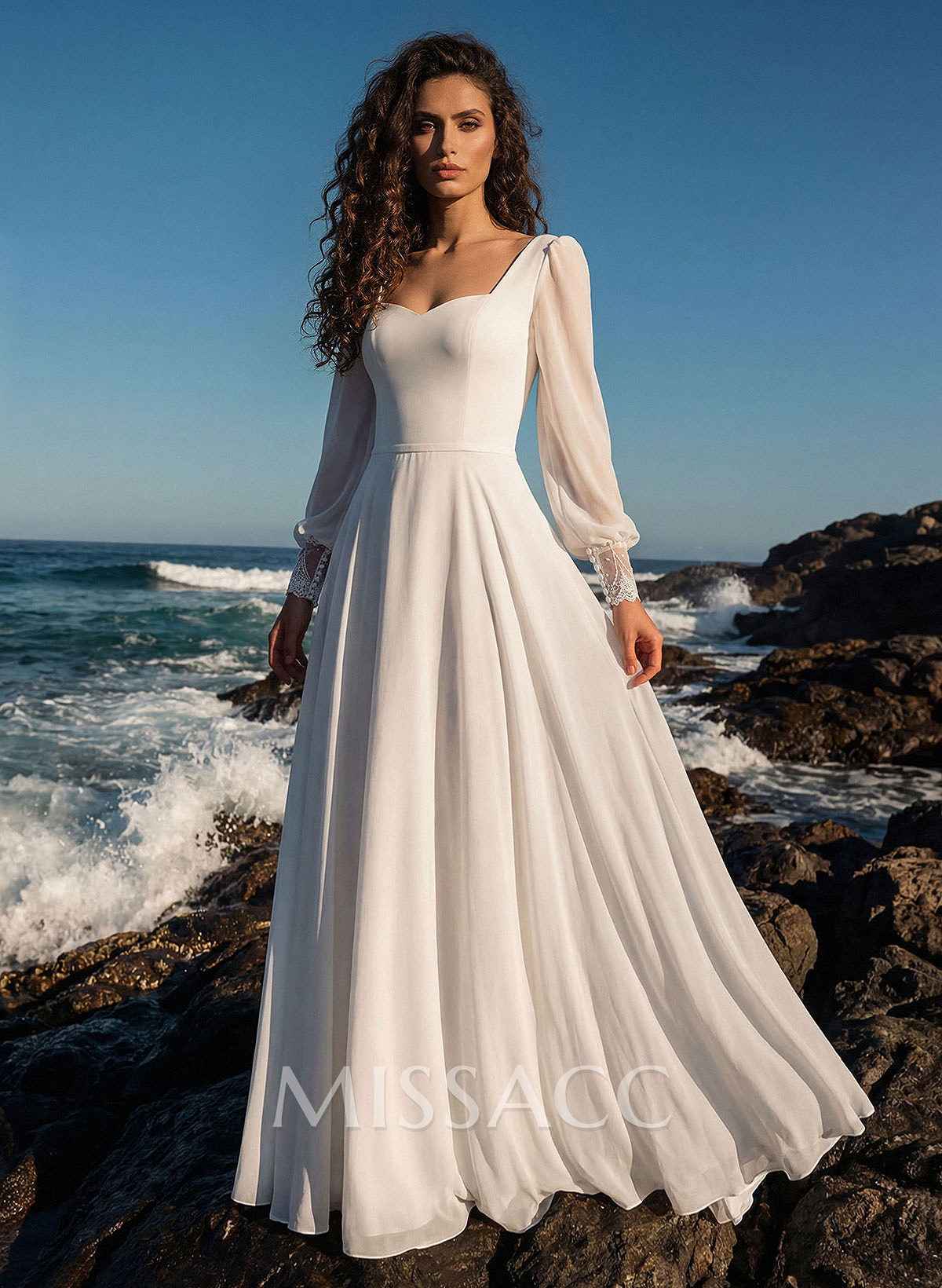 Elegant Sweetheart Long Sleeves A-Line Floor-Length Chiffon Wedding Dresses With Lace