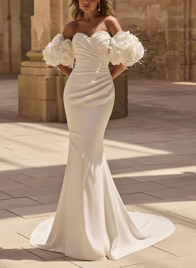 Trumpet/Mermaid Sweetheart Sleeveless Court Train Elastic Satin Wedding Dresses With Flower(s)