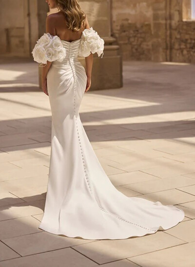 Trumpet/Mermaid Sweetheart Sleeveless Court Train Elastic Satin Wedding Dresses With Flower(s)