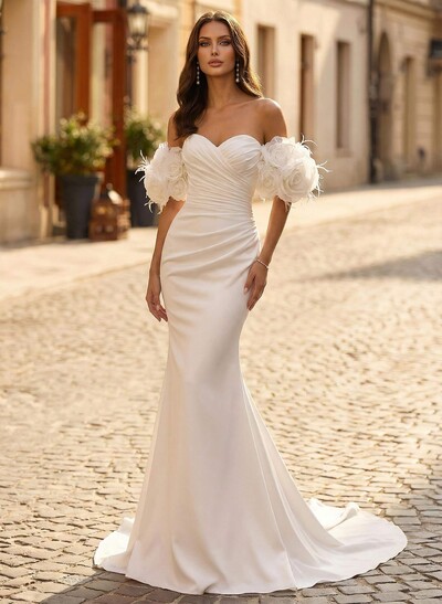 Trumpet/Mermaid Sweetheart Sleeveless Court Train Elastic Satin Wedding Dresses With Flower(s)