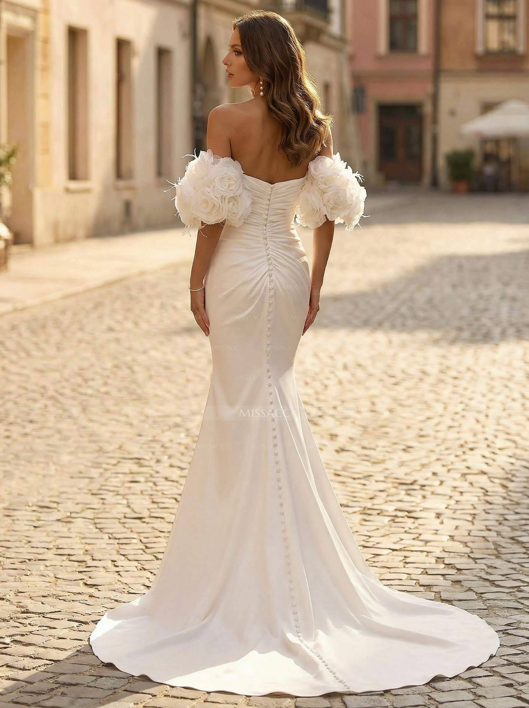 Trumpet/Mermaid Sweetheart Sleeveless Court Train Elastic Satin Wedding Dresses With Flower(s)