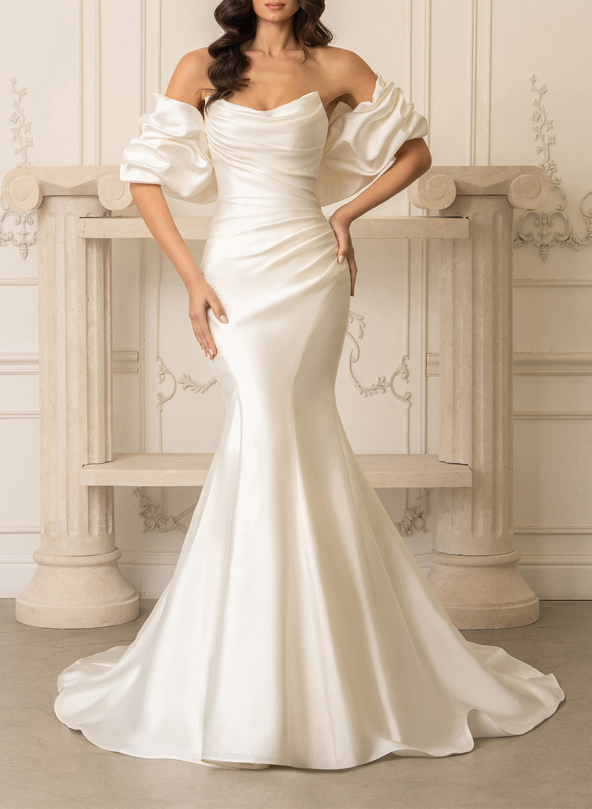 Trumpet/Mermaid Strapless Detachable Sleeves Court Train Matte Satin Wedding Dresses