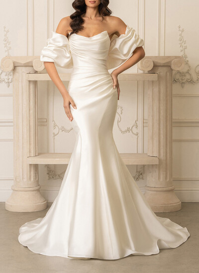 Trumpet/Mermaid Strapless Detachable Sleeves Court Train Matte Satin Wedding Dresses