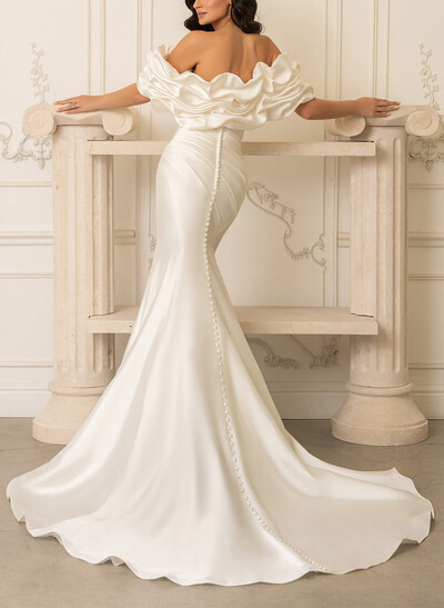 Trumpet/Mermaid Strapless Detachable Sleeves Court Train Matte Satin Wedding Dresses