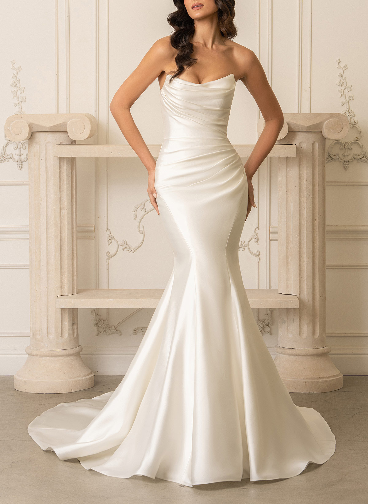 Trumpet/Mermaid Strapless Detachable Sleeves Court Train Matte Satin Wedding Dresses